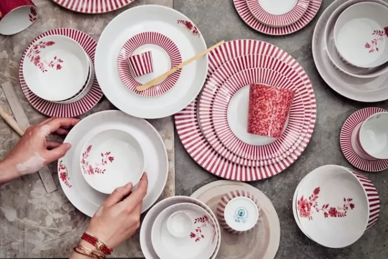 Royal Stripes Mok Bloemen Donkerroze